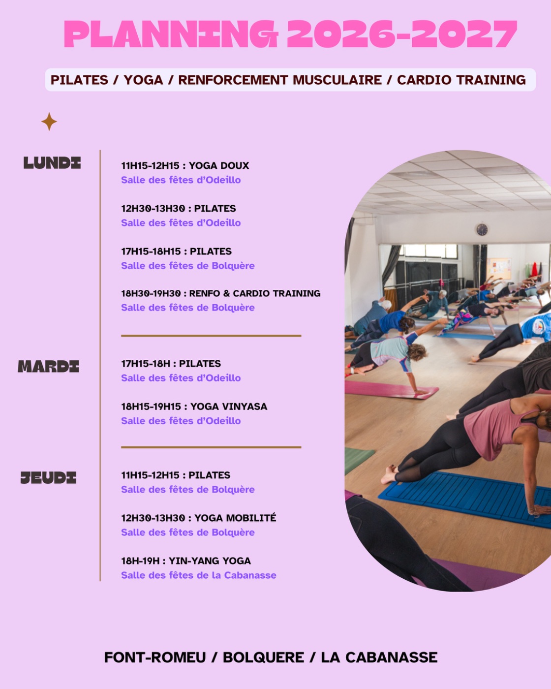 Planning 2026-2027 — Pilates, yoga, renforcement musculaire et cardio training, le lundi, le mardi et le jeudi à Odeillo, Bolquère et La Cabanasse