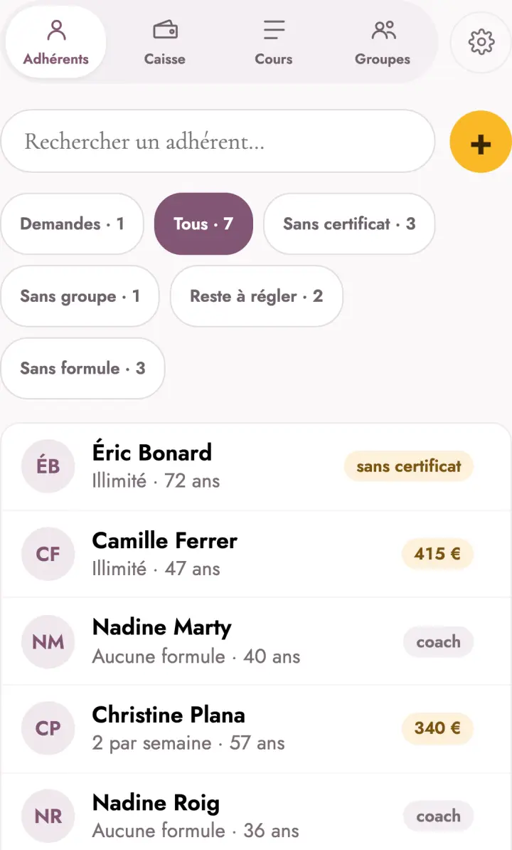 La liste des adhérents, avec les filtres au-dessus