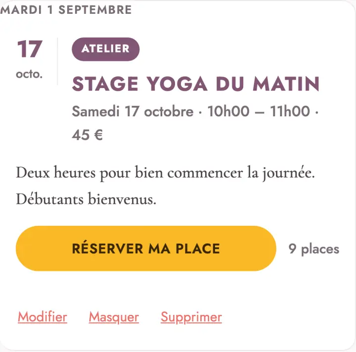 Une annonce d’atelier dans l’onglet Infos