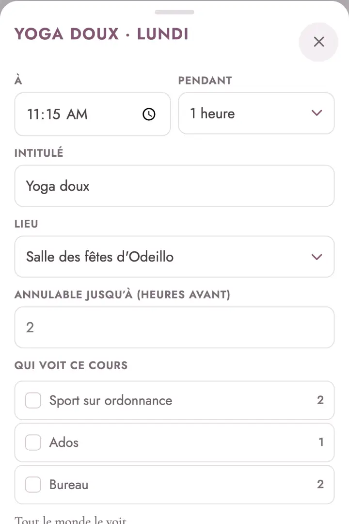 Le panneau d’un cours, avec ses champs et ses boutons