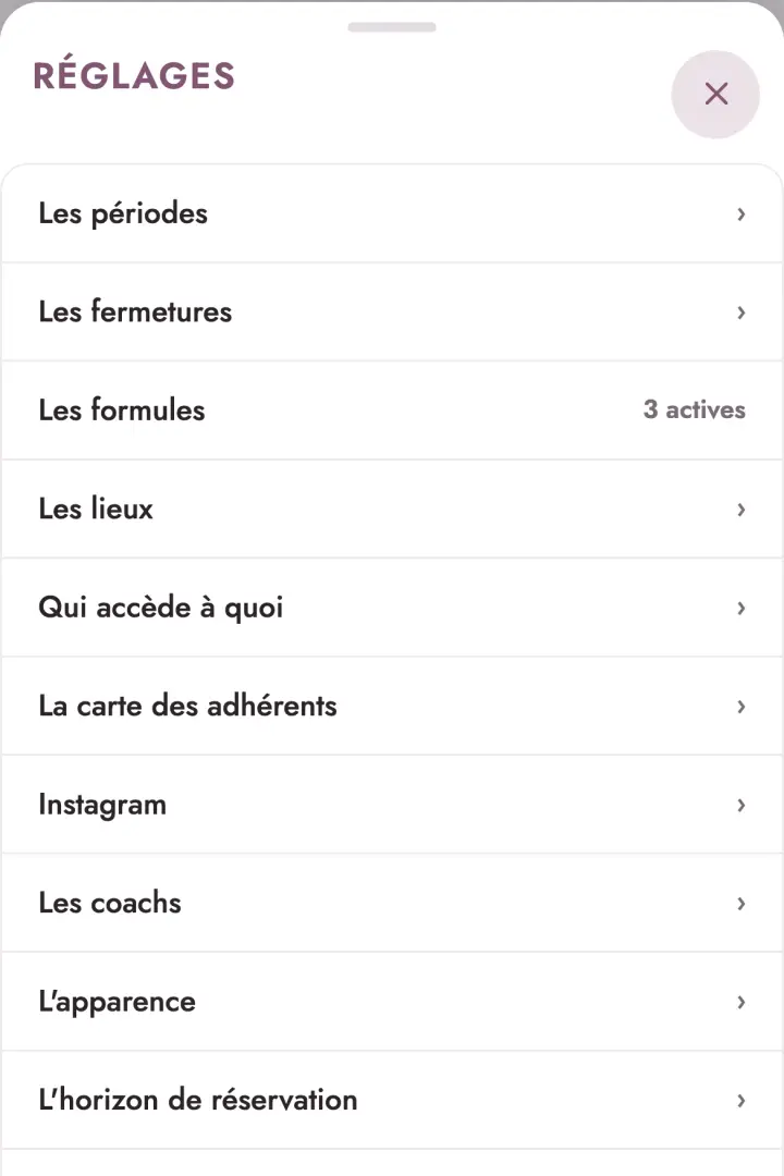 Le menu des réglages