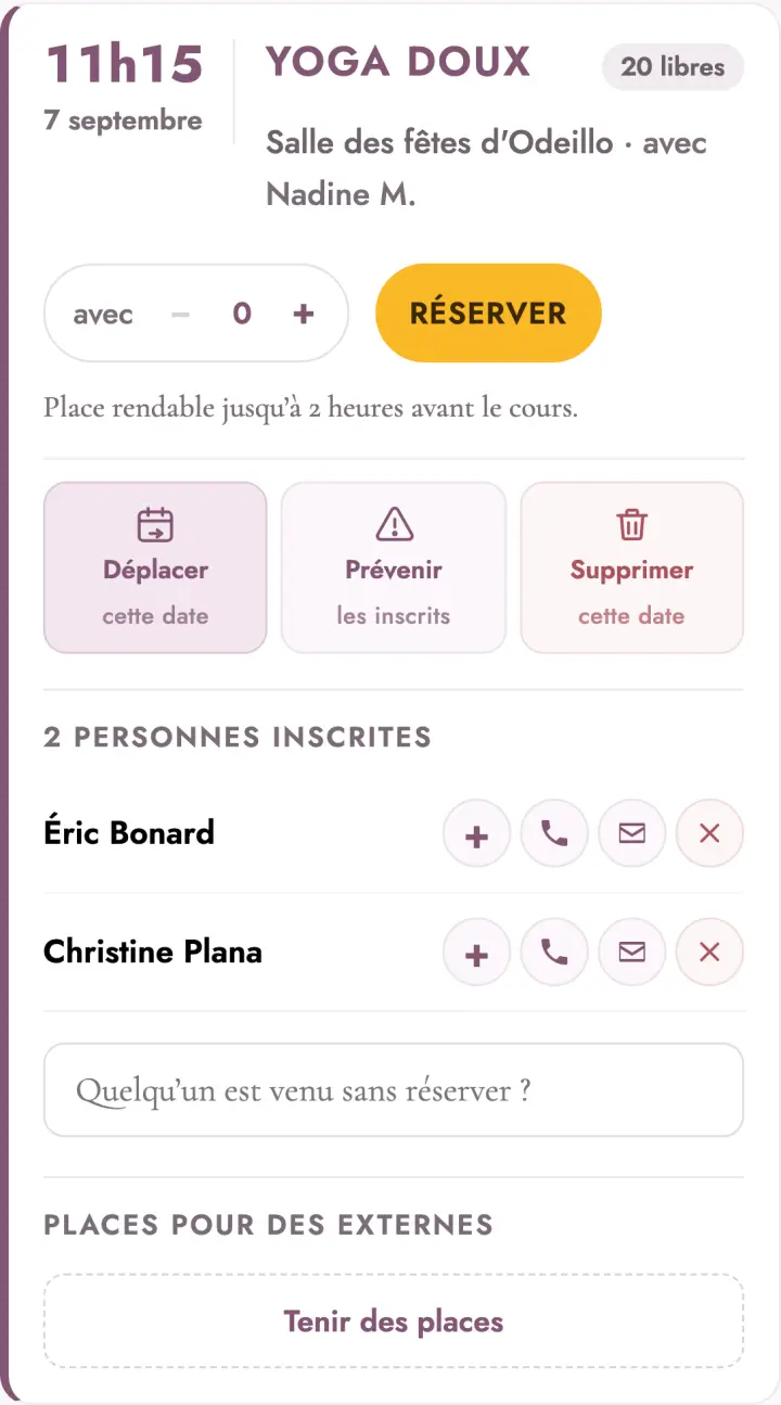 Une séance avec ses inscrits et les boutons Déplacer, Prévenir, Supprimer