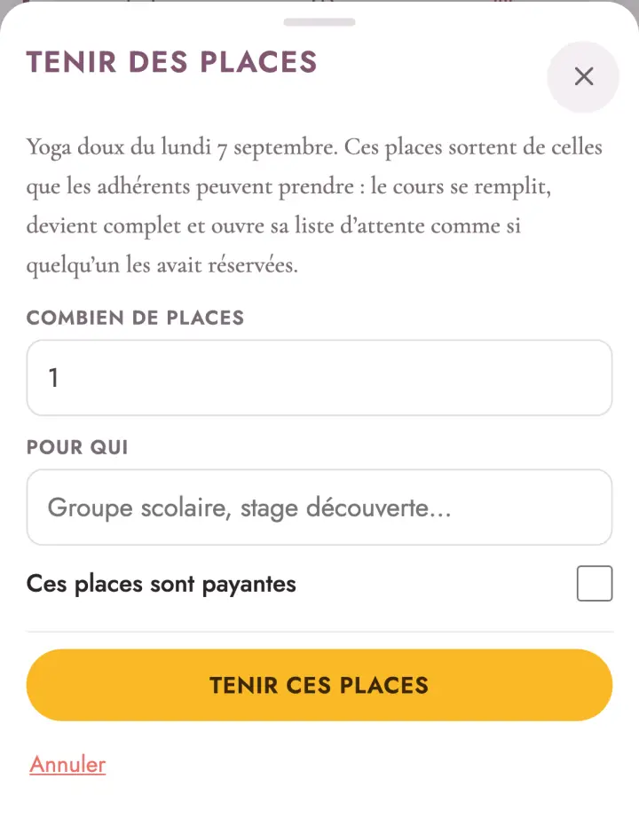 La feuille « Tenir des places »