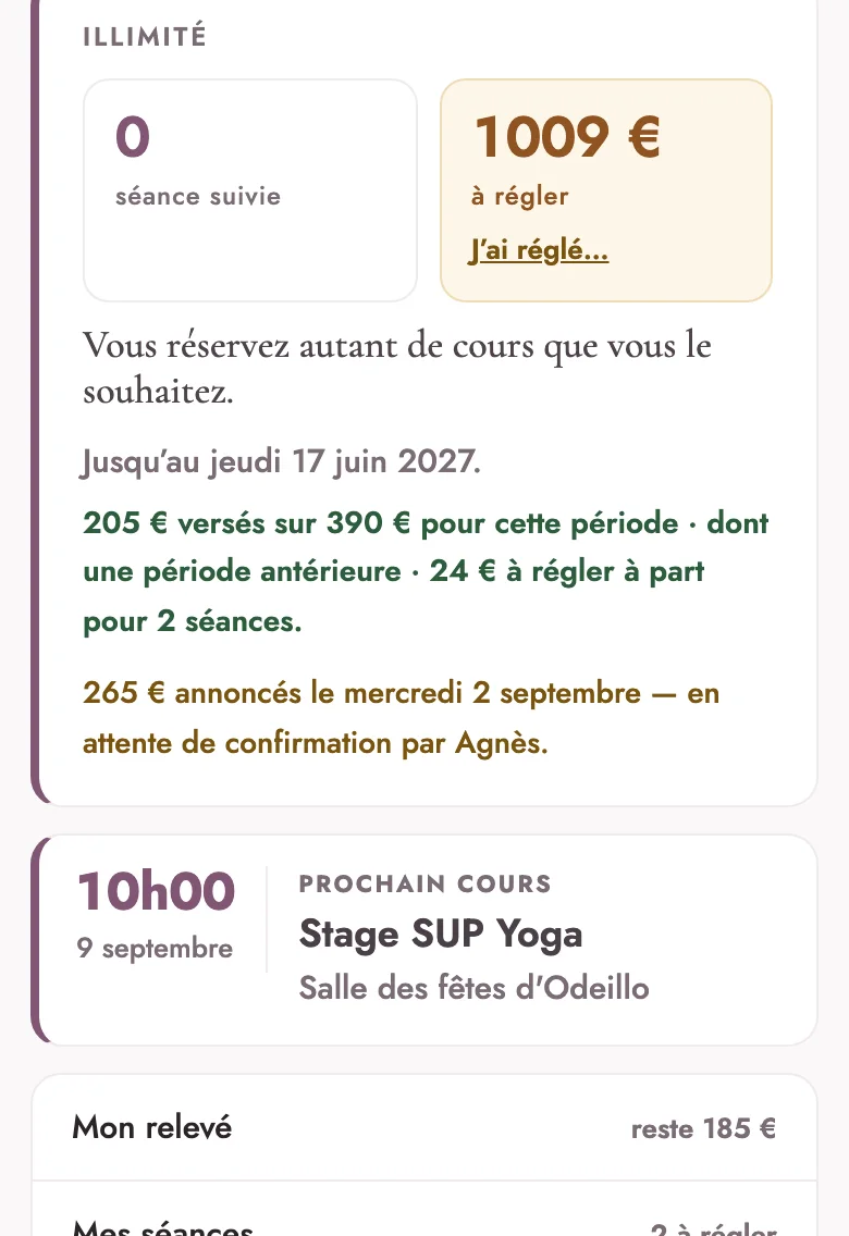 L’écran Mon compte : la formule, ce qui reste à régler, le bouton « J’ai réglé », et la liste des replis.