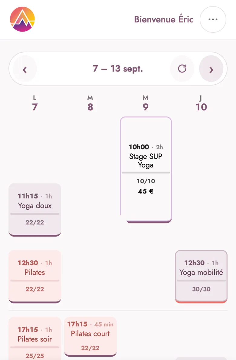 Le planning de la semaine, à l’échelle du temps : la hauteur d’un cours dit sa durée, et une même heure est à la même hauteur chaque jour.