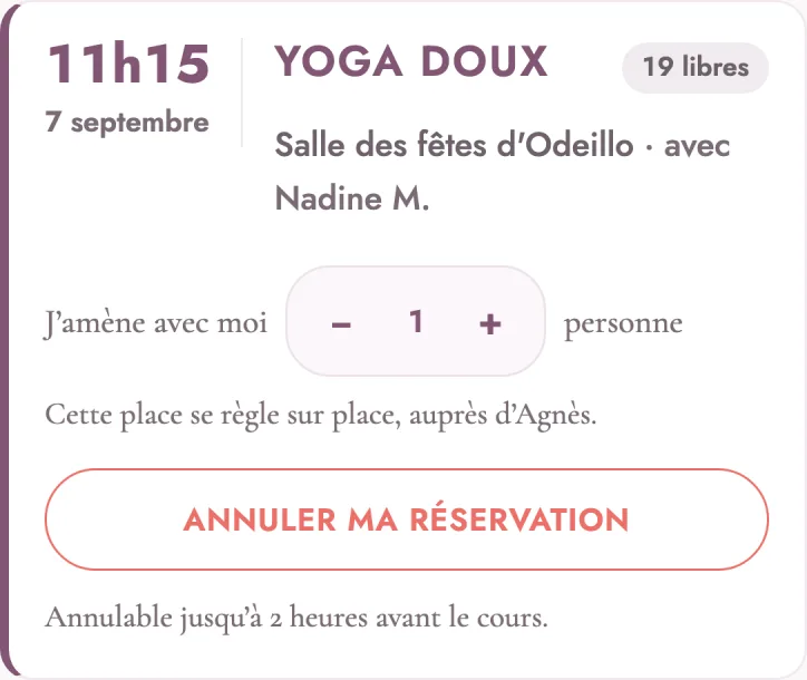 Une place prise : le compteur « J’amène avec moi », le prix des places accompagnées, et jusqu’à quand annuler.